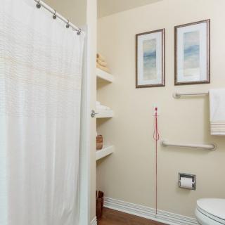 A tidy bathroom with a shower curtain, toilet, and wall-mounted shelves.