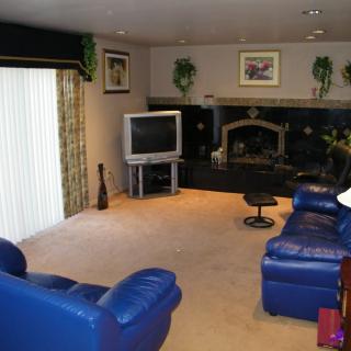 A cozy living room with blue leather furniture, a television, and a fireplace.