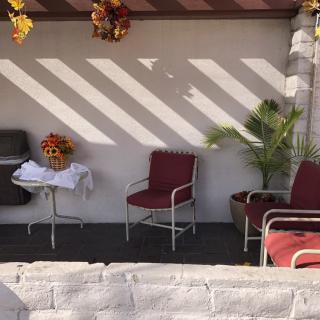 A cozy outdoor patio with chairs, a small table, and decorative plants under the shade.