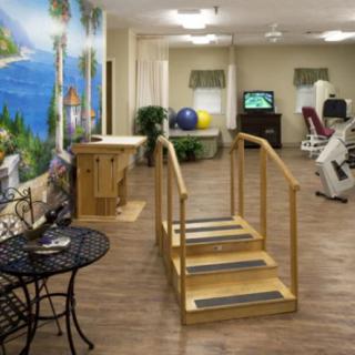 A rehabilitation center with exercise equipment and a mural, designed for physical therapy.