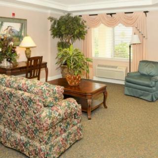 A cozy living room with floral furniture and a variety of plants.
