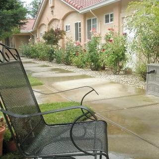 A peaceful patio area with a metal chair, surrounded by greenery and a building in the background.