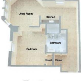 A floor plan of a one-bedroom apartment, featuring a living room, kitchen, bathroom, and closets.