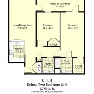 Floor plan for Unit B, a deluxe two-bedroom apartment with 1,276 square feet.