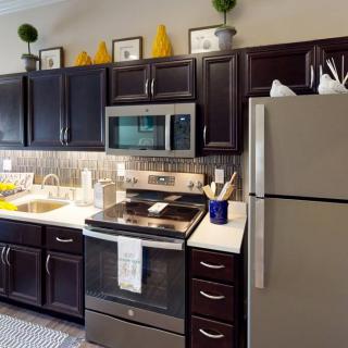 A modern kitchen with dark cabinets, stainless steel appliances, and stylish decor.