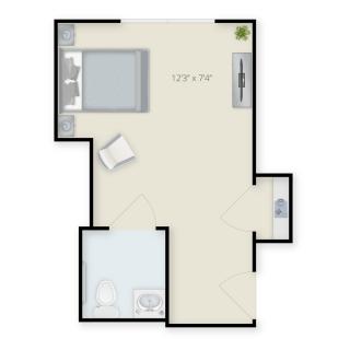 A small apartment floor plan featuring a bedroom, bathroom, and living area.