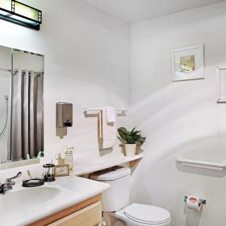 A clean and modern bathroom featuring a sink, toilet, mirror, towel rack, artwork, plant, and shower curtain.