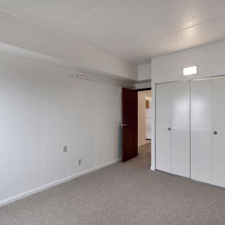 An empty room with white walls, carpet flooring, and a closed closet.