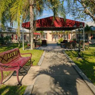 A peaceful park setting with a pathway, bench, and gazebo surrounded by palm trees.