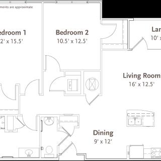 This image shows the floor plan of an apartment with two bedrooms, a living room, dining area, and laundry room.