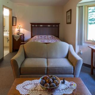 A cozy living room with a couch facing a bed, illuminated by natural light through the window.