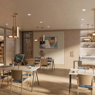 A modern office space with stylish furniture and elegant lighting.
