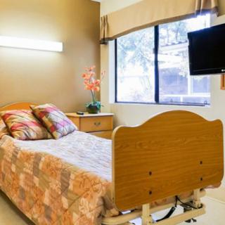 A cozy hospital room with a bed, television, and a window view.