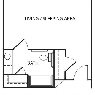 A simple floor plan of a studio apartment featuring a living/sleeping area and a bathroom.