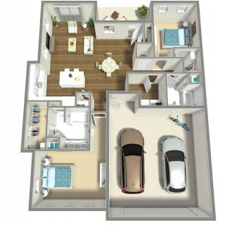 3D floor plan of a house with two bedrooms, a bathroom, open living area, kitchen, and a two-car garage.