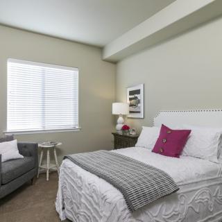 A modern bedroom with a neatly made bed, accent pillows, and natural light coming through the window.