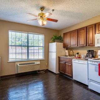 A modern kitchen with wooden cabinets, a fridge, and a dishwasher under natural light from a large window.