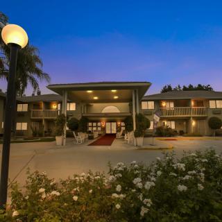 A well-lit hotel entrance at night, surrounded by lush landscaping.