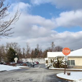 A snowy residential street with a stop sign under a cloudy sky.