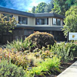 A view of a modern building surrounded by lush landscaping and vibrant greenery on a sunny day.