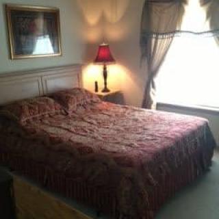 A cozy bedroom with a large bed and a bedside lamp near the window.