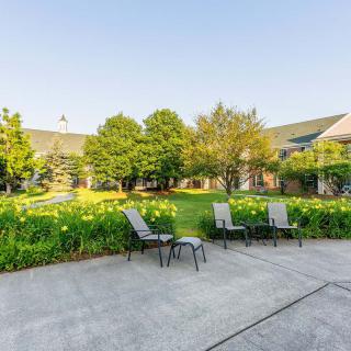 A tranquil garden with patio chairs surrounded by lush greenery.
