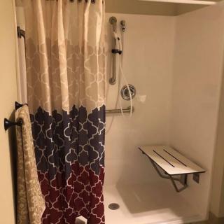 An accessible shower with a folding seat and patterned curtain.