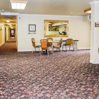 A carpeted hallway with several chairs and a window overlooking a room.