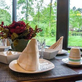 A beautifully set dining table with folded napkins, flowers, and a scenic window view.