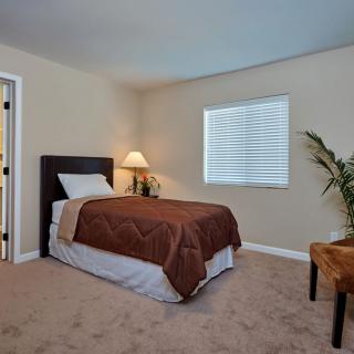 A cozy bedroom featuring a single bed with a brown comforter, a bedside lamp, and a window providing natural light.