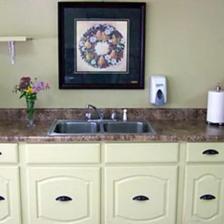 A kitchen sink with yellow cabinets, a countertop, and wall decor.