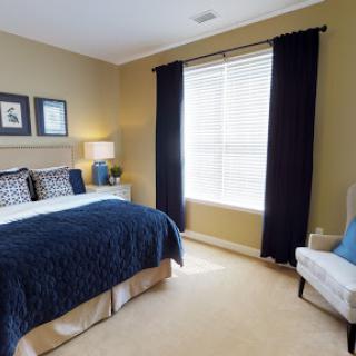 A cozy and modern bedroom featuring a blue and beige color scheme, natural light streaming through the window, and stylish furniture.