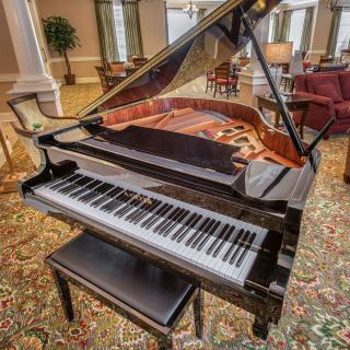 A grand piano situated in an elegant living room setting.