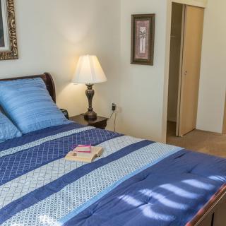 A cozy bedroom with a neatly made bed featuring blue bedding, a bedside lamp, and a book placed on the bed.
