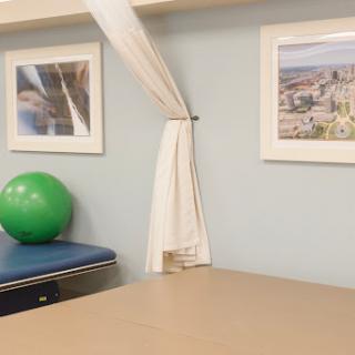 A tranquil therapy room featuring a green exercise ball, framed photographs on the wall, and a neatly arranged table.