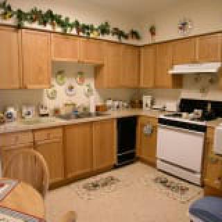 A well-organized kitchen interior with wooden cabinets and modern appliances.