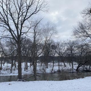 A serene winter landscape featuring a snow-covered riverbank and bare trees against a cloudy sky.