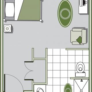 A floor plan showing a bedroom with an attached bathroom, including furniture placement.