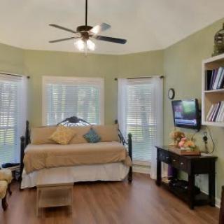A cozy living room with a daybed, large windows, and a ceiling fan.