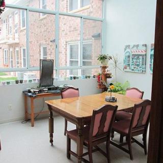 A bright office space with a wooden table and chairs, plants, and ample natural light from large windows.