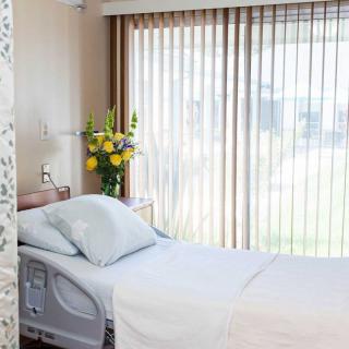 A bright hospital room with a neatly made bed and flowers by the window.