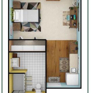 A compact apartment floor plan featuring a bedroom, kitchen, and bathroom.