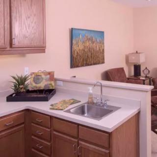 A cozy apartment kitchen corner with a sink and wooden cabinets, complemented by wall art and decorative items.
