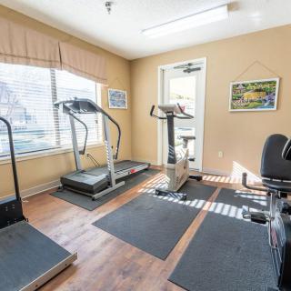 A small gym room equipped with treadmills and other exercise machines, well-lit by natural light from large windows.