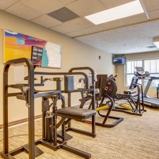A well-equipped gym room with various exercise machines including treadmills and strength training equipment.