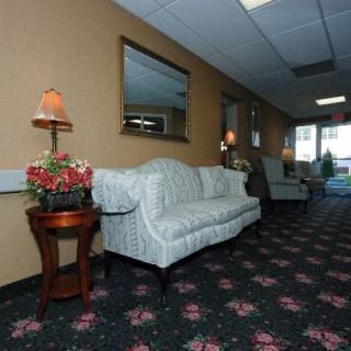 A cozy lobby area with a patterned carpet, elegant sofa, side table with a lamp and flowers, and a wall mirror.