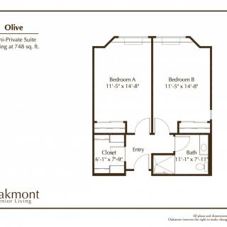 Floor plan featuring two bedrooms labeled as Bedroom A and Bedroom B, each with an entryway, closets, and shared bathroom.