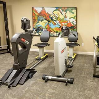 A small gym featuring various cardio machines.