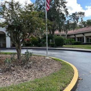A driveway leading to a building with an American flag and surrounding greenery.