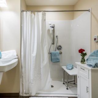 A clean and accessible bathroom with a shower, sink, and decorative flowers.